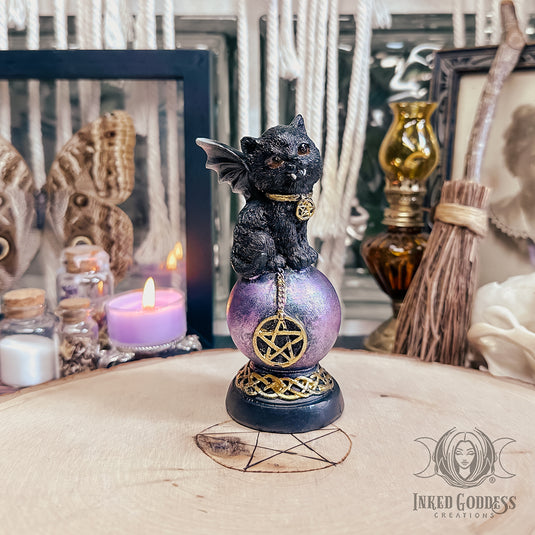 Black Cat on Crystal Ball Statue for Mischievous Magick