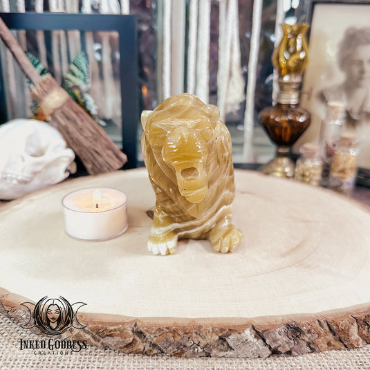 Calcite Carved Lion for Positivity and Courage