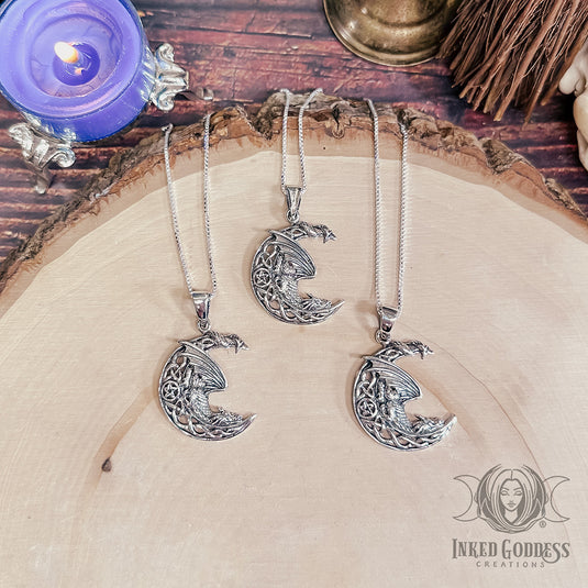 Celtic Dragon Crescent Moon Sterling Silver Necklace