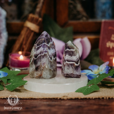 Green & Purple Banded Amethyst Tower for Heart-Centered Energy