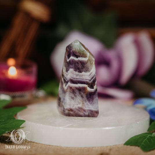 Green & Purple Banded Amethyst Tower for Heart-Centered Energy