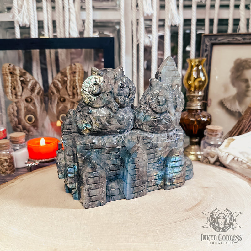 Load image into Gallery viewer, Labradorite Carved Owl Castle for Wisdom and Protection
