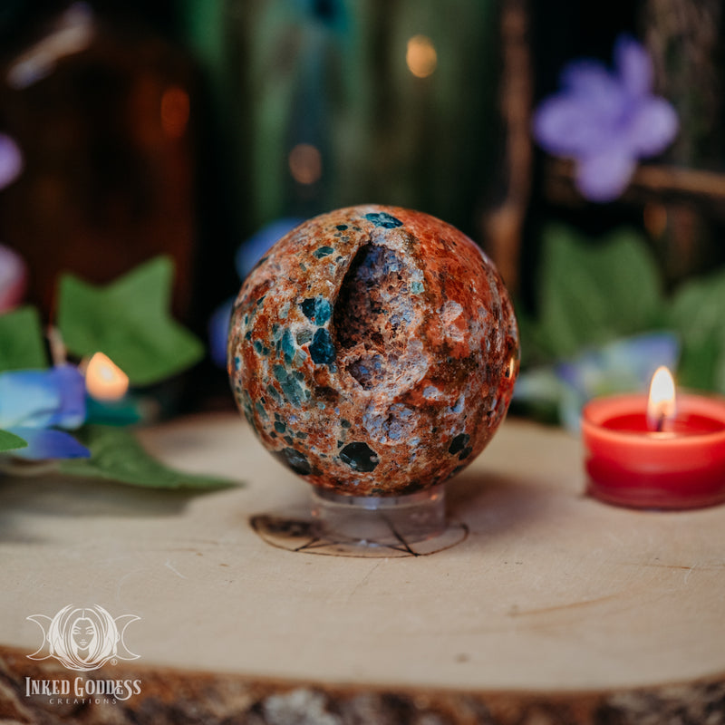 Load image into Gallery viewer, Orange Calcite with Apatite Gemstone Sphere for Spiritual Guidance
