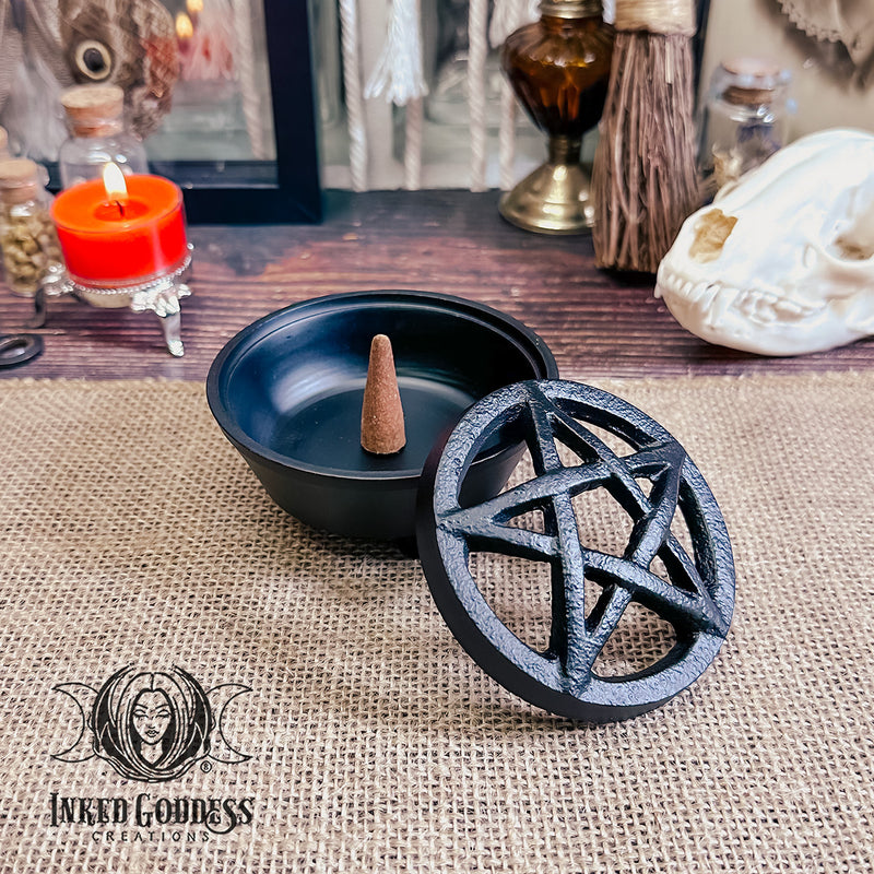 Load image into Gallery viewer, Pentacle Cast Iron Incense Burner for Witchy Smoke Cleansing
