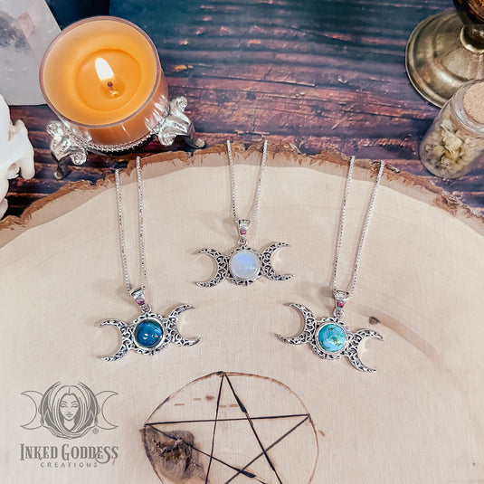 Triple Moon Gemstone Sterling Silver Necklace for Divine Feminine Energy