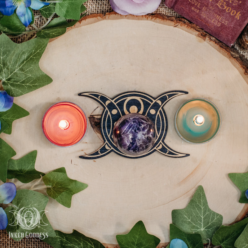 Load image into Gallery viewer, Triple Moon Goddess Wooden Sphere Stand for Divine Feminine Energy
