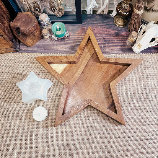 Wooden Star Tray + Selenite Star Tealight Holder Set for Powerful Cleansing