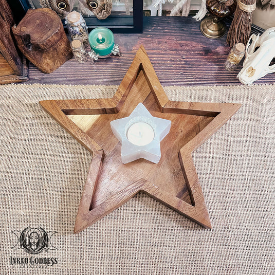 Wooden Star Tray + Selenite Star Tealight Holder Set for Powerful Cleansing