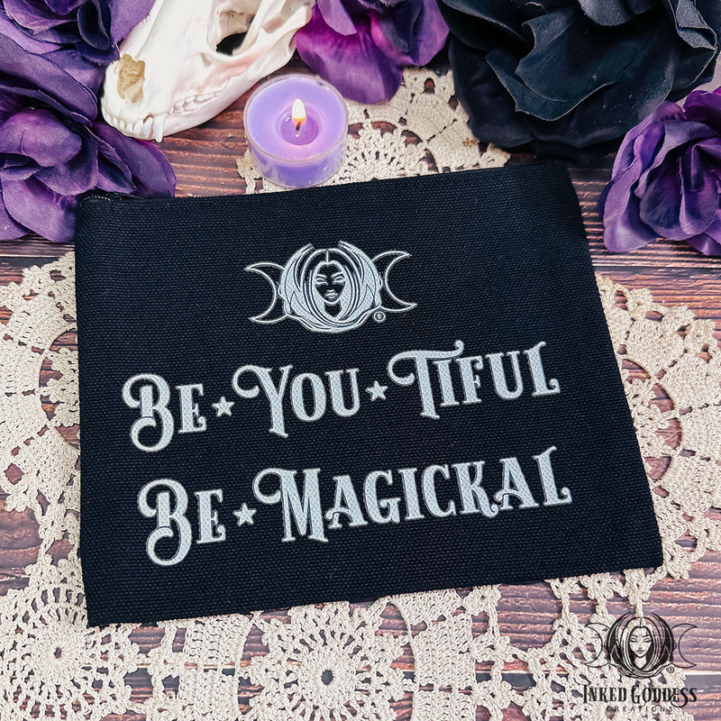 Load image into Gallery viewer, Be*You*Tiful, Be*Magickal Black Canvas Zipper Bag- Inked Goddess Creations
