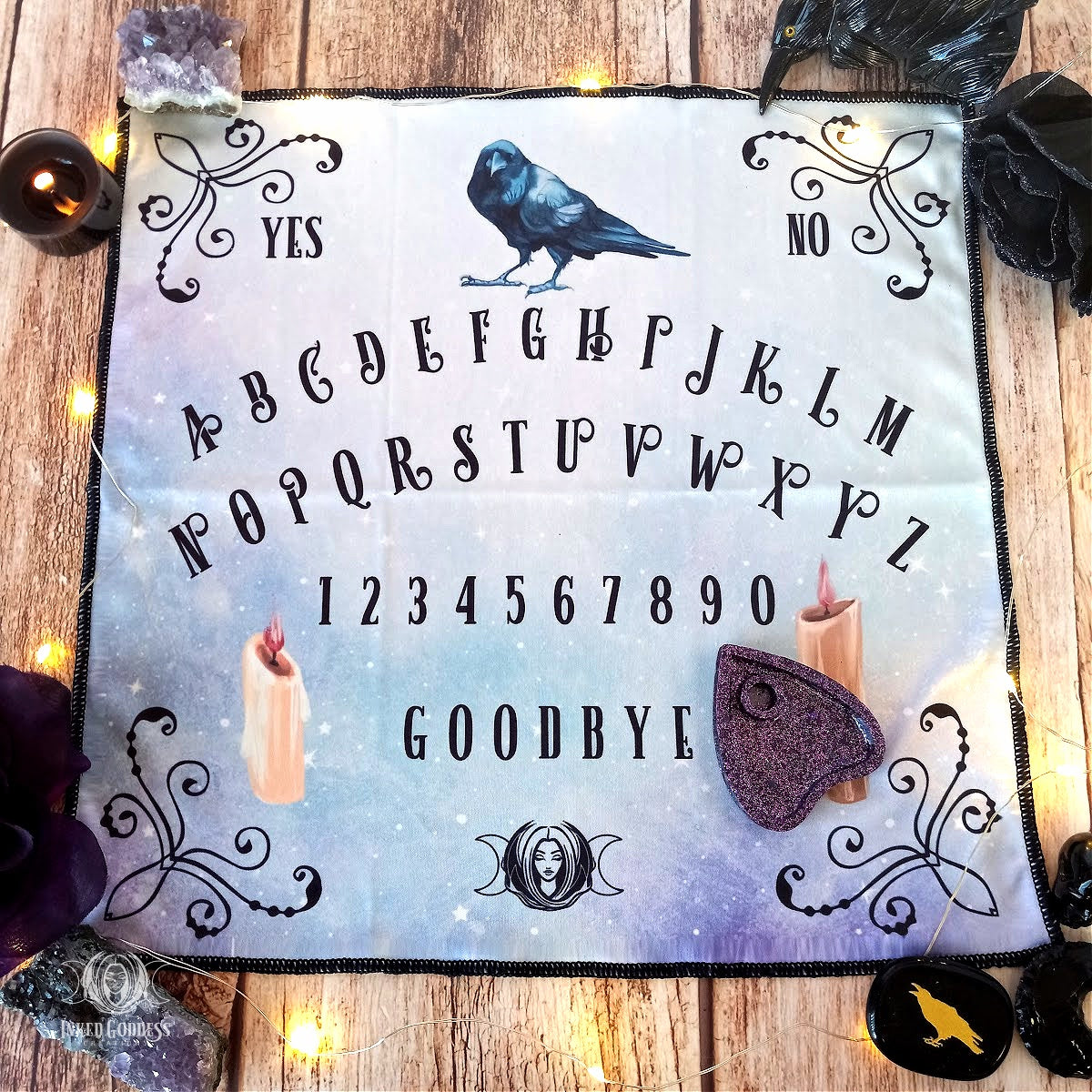 Spirit Board Altar Cloth with Purple & Black Glitter Planchette Altar Plate- Inked Goddess Creations