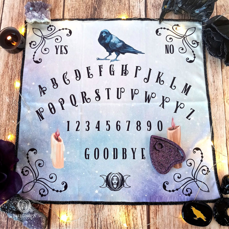 Load image into Gallery viewer, Spirit Board Altar Cloth with Purple &amp; Black Glitter Planchette Altar Plate- Inked Goddess Creations
